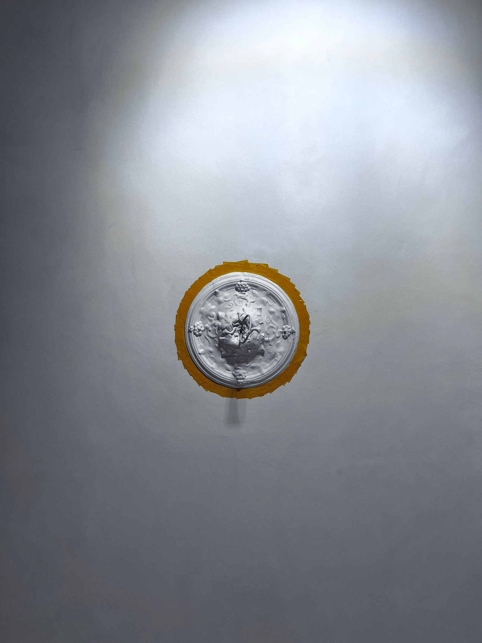 Detailaufnahme restaurierter Stuckrosette an weißer Kalkputzdecke, Gründerzeitbau